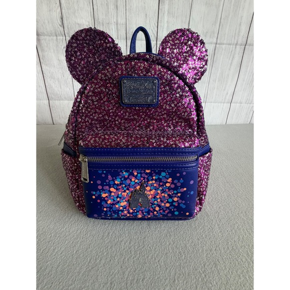 Loungefly Handbags - Disney Loungefly Purple Sequin Confetti Castle Mini Backpack 50th Anniversary